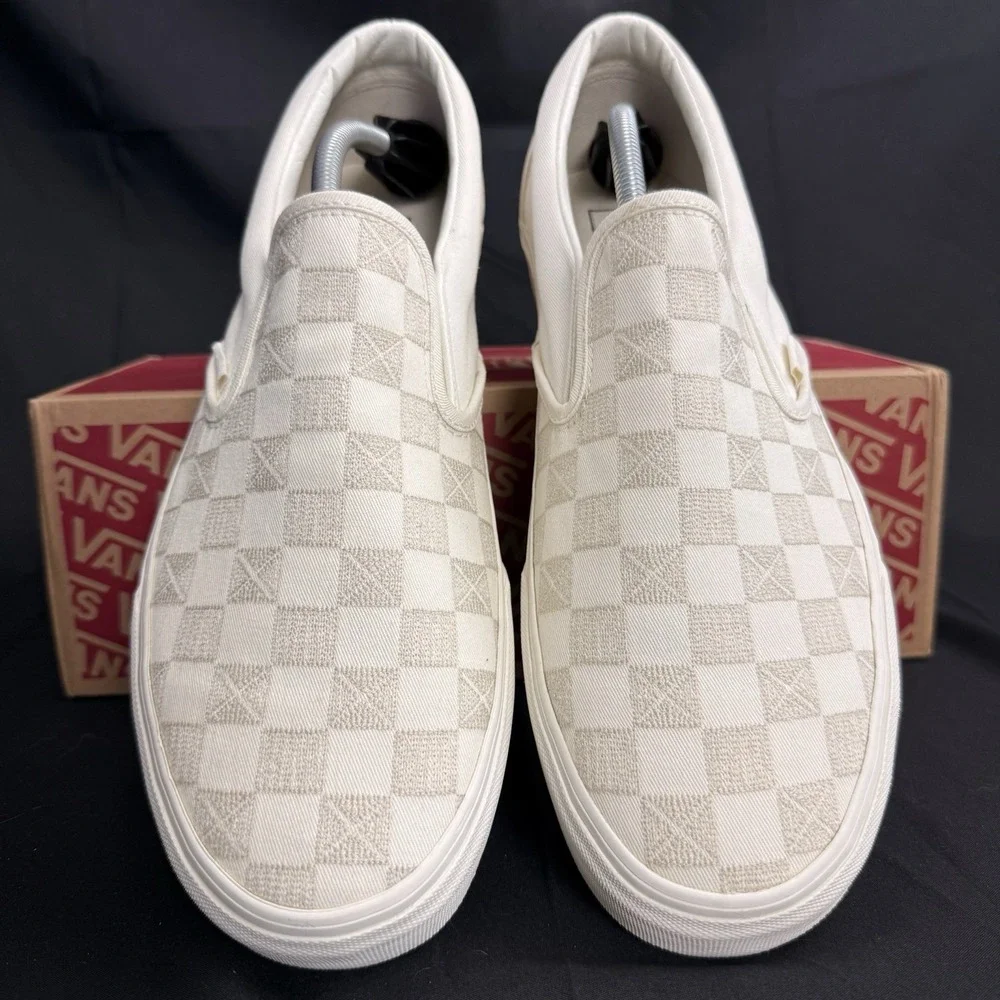 VANS Classic SlipOn Skate Shoes Stitch Checkerboard Marshmallow Wht Mens Size 13